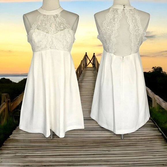 BCBGeneration ✦ Ivory Lace Halter Mini Dress ✦ Bridal Boho Cocktail Romance Sz 0 - Picture 5 of 15